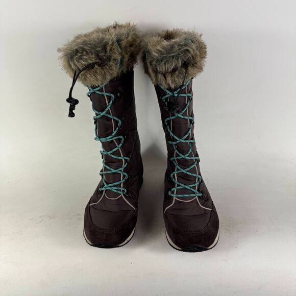 L.L. Bean Winter Snow Boots Women's 7 Brown Nylon Lace Up Fur Trim Mid Calf - Picture 4 of 9